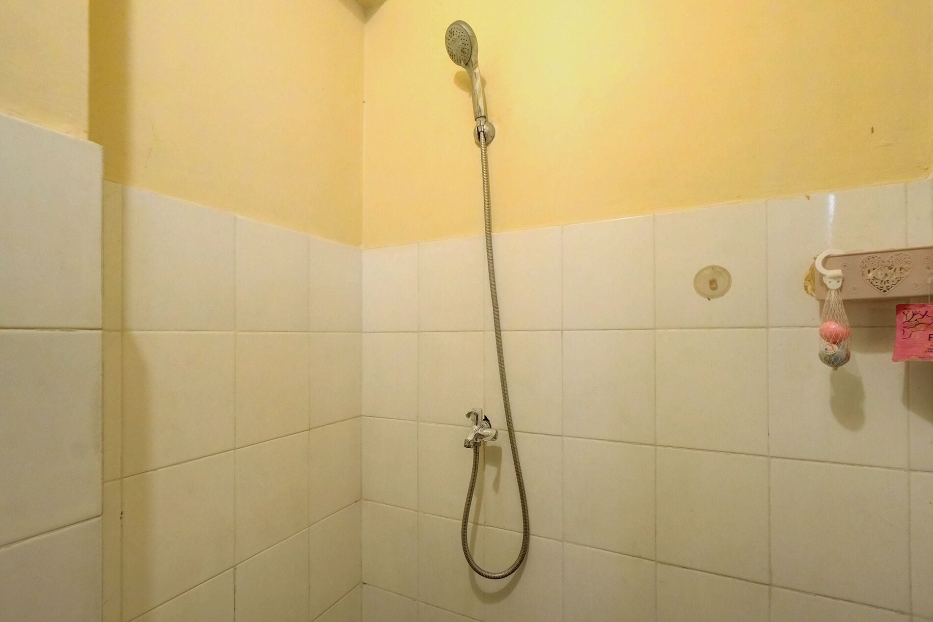Eine Dusche mit Duschbrause und flexiblen Schlauch.