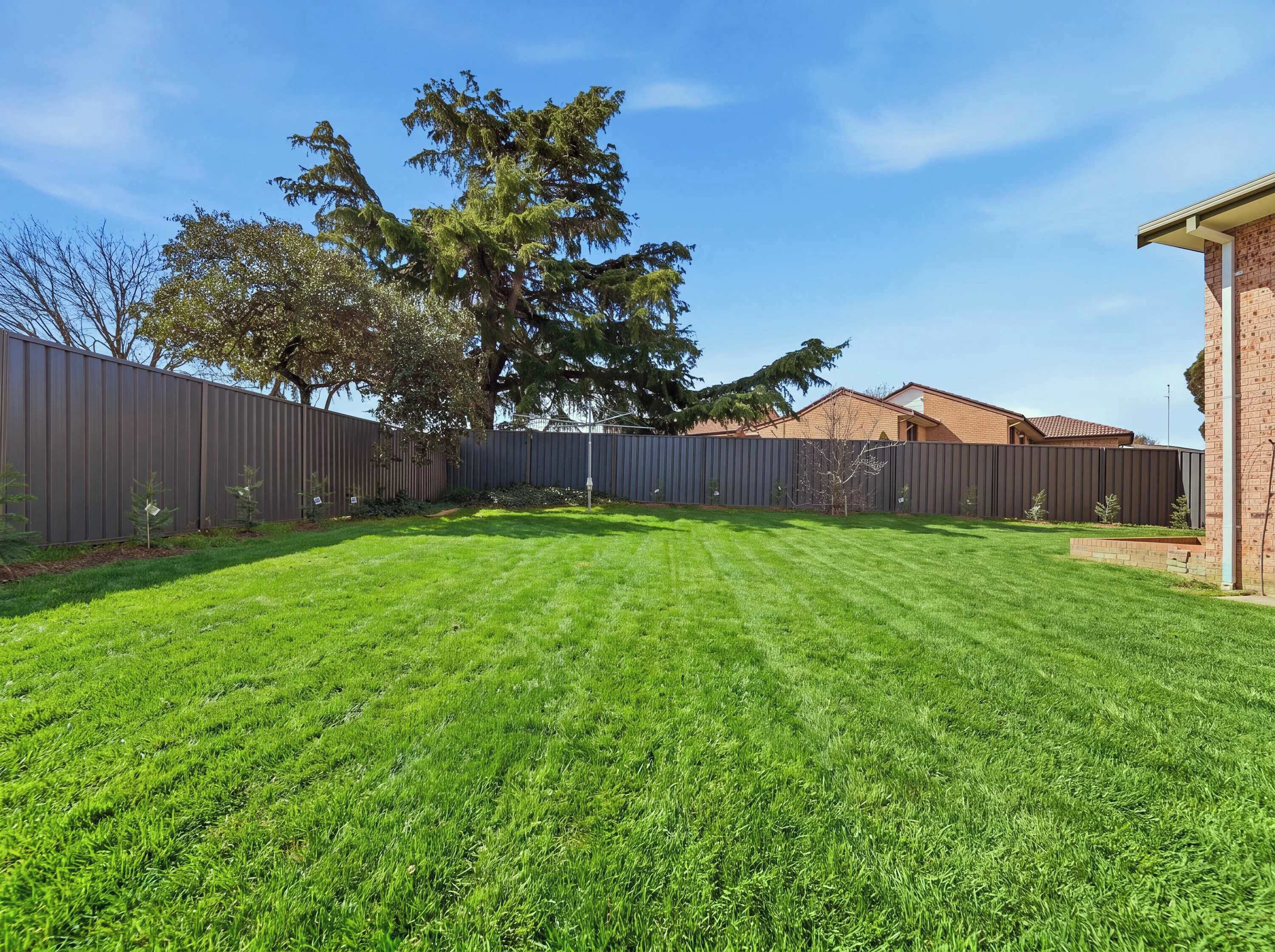 Un jardin bien entretenu, avec une pelouse soigneusement tondue, un grand arbre et une maison en briques.