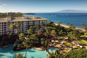Een resort met een groot zwembad, palmbomen en uitzicht op de oceaan.