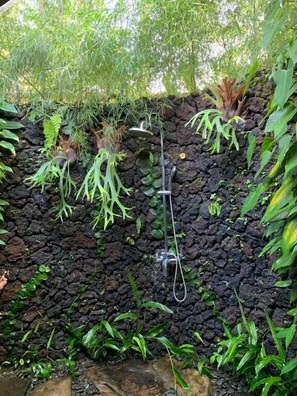 A garden with a water feature, including a wall and various plants. - villa kepuh (buleleng)