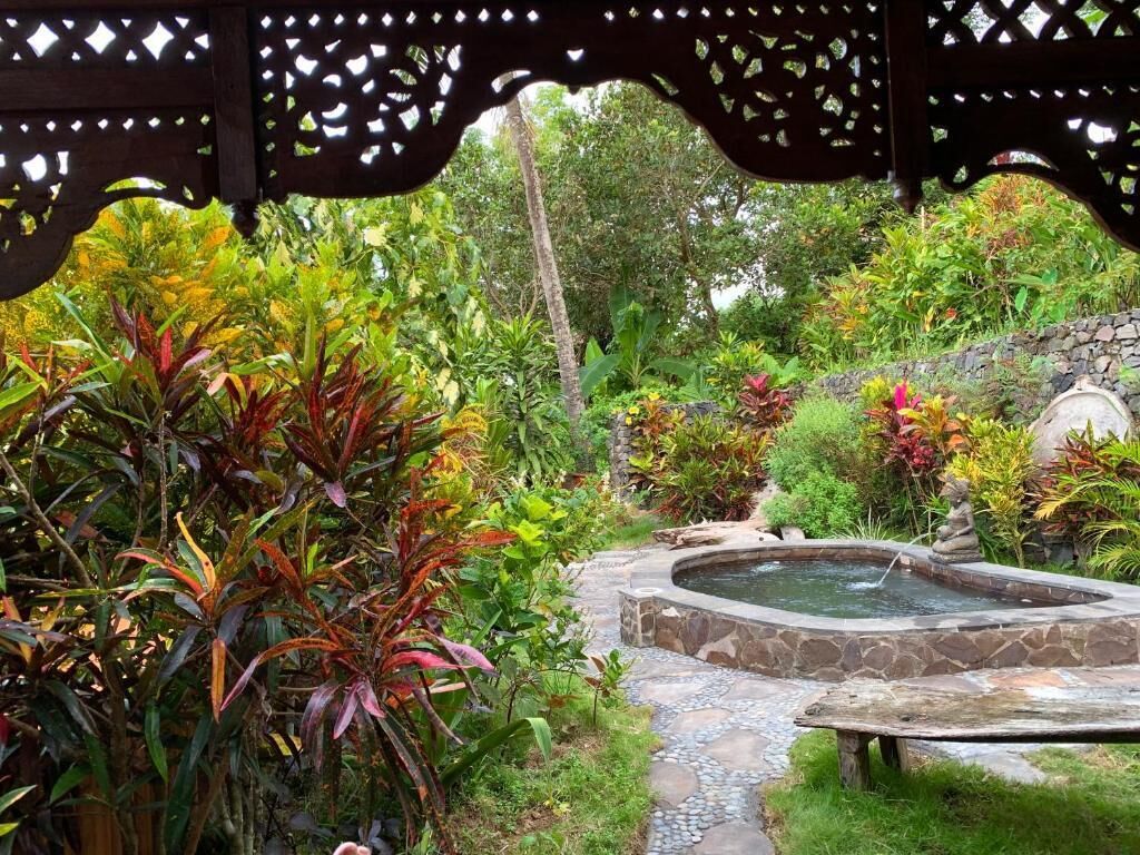 Un jardín con un sendero de piedra que lleva a un jacuzzi rodeado de follaje exuberante y plantas tropicales.