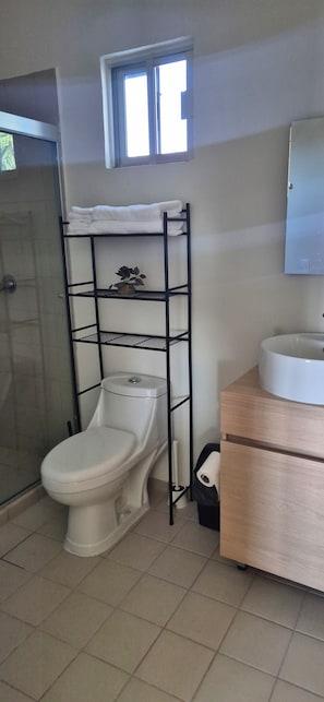 A bathroom with a toilet, a sink, a shelf with a potted plant, and a window above the toilet. - Oasis in El Chante Pool Near the Malecón (Chantepec)