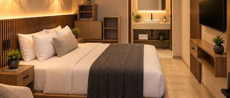 A modern bedroom with a large bed, bedside tables, a TV, a built-in wardrobe, and a bathroom with a mirror and sink.