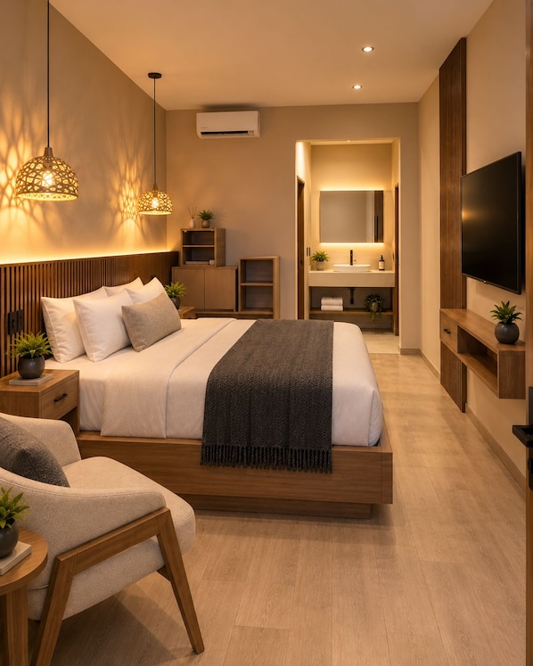 A modern bedroom with a large bed, bedside tables, a TV, a built-in wardrobe, and a bathroom with a mirror and sink.