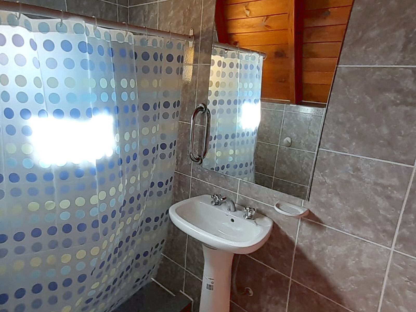 Un baño con ducha, lavamanos y espejo.