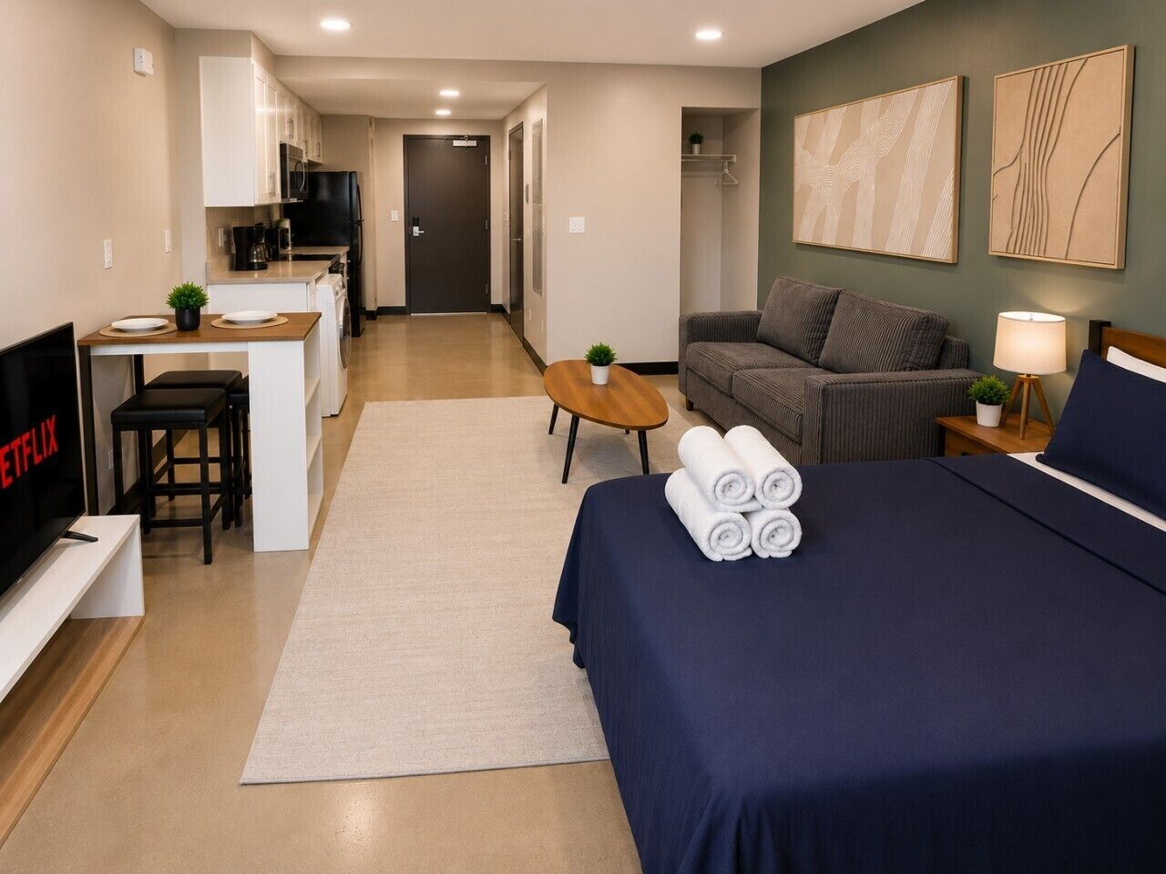 A hotel room with a bed, a desk, a sofa, and a television.