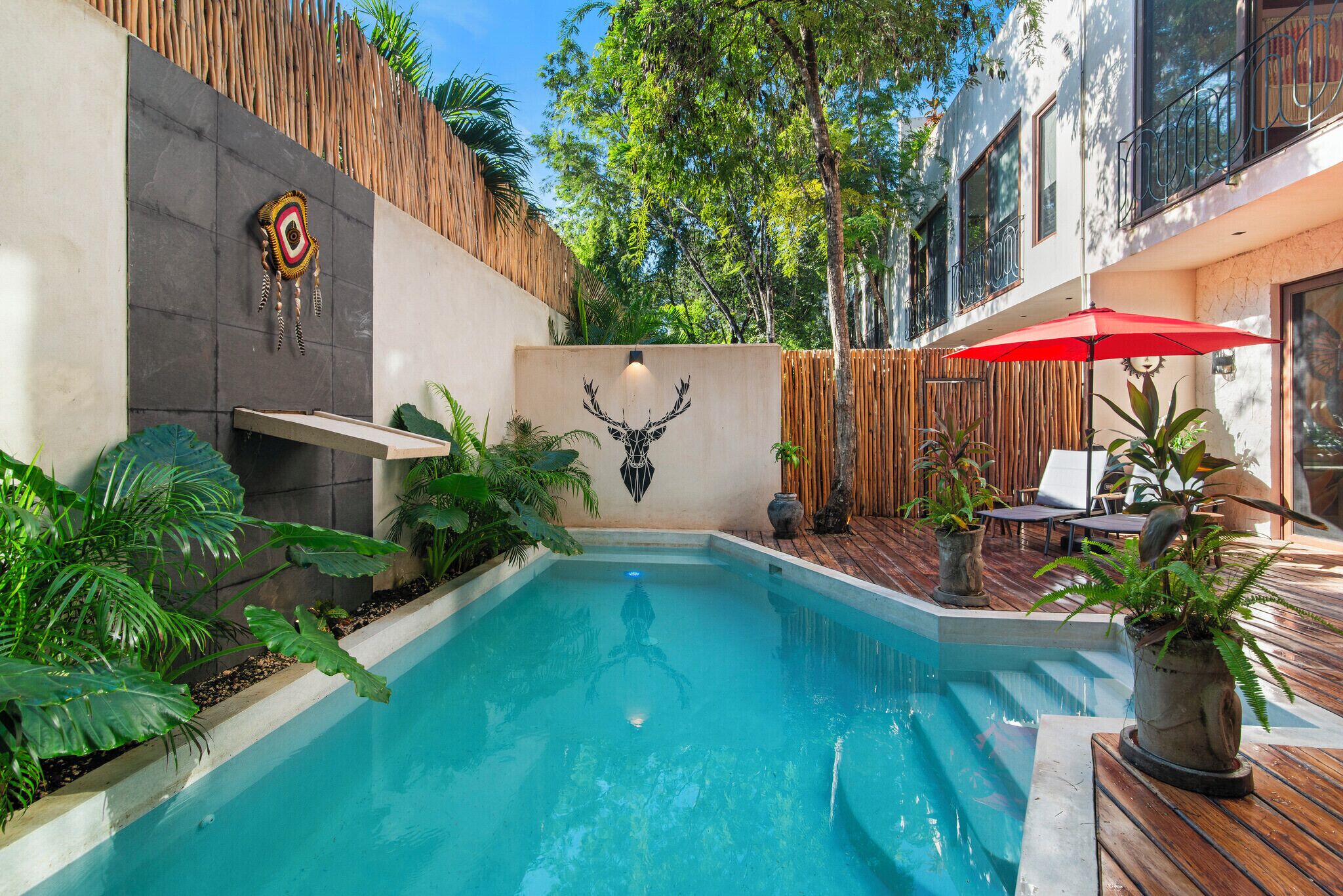 A swimming pool with a decorative wall, surrounded by lush greenery and a wooden deck.