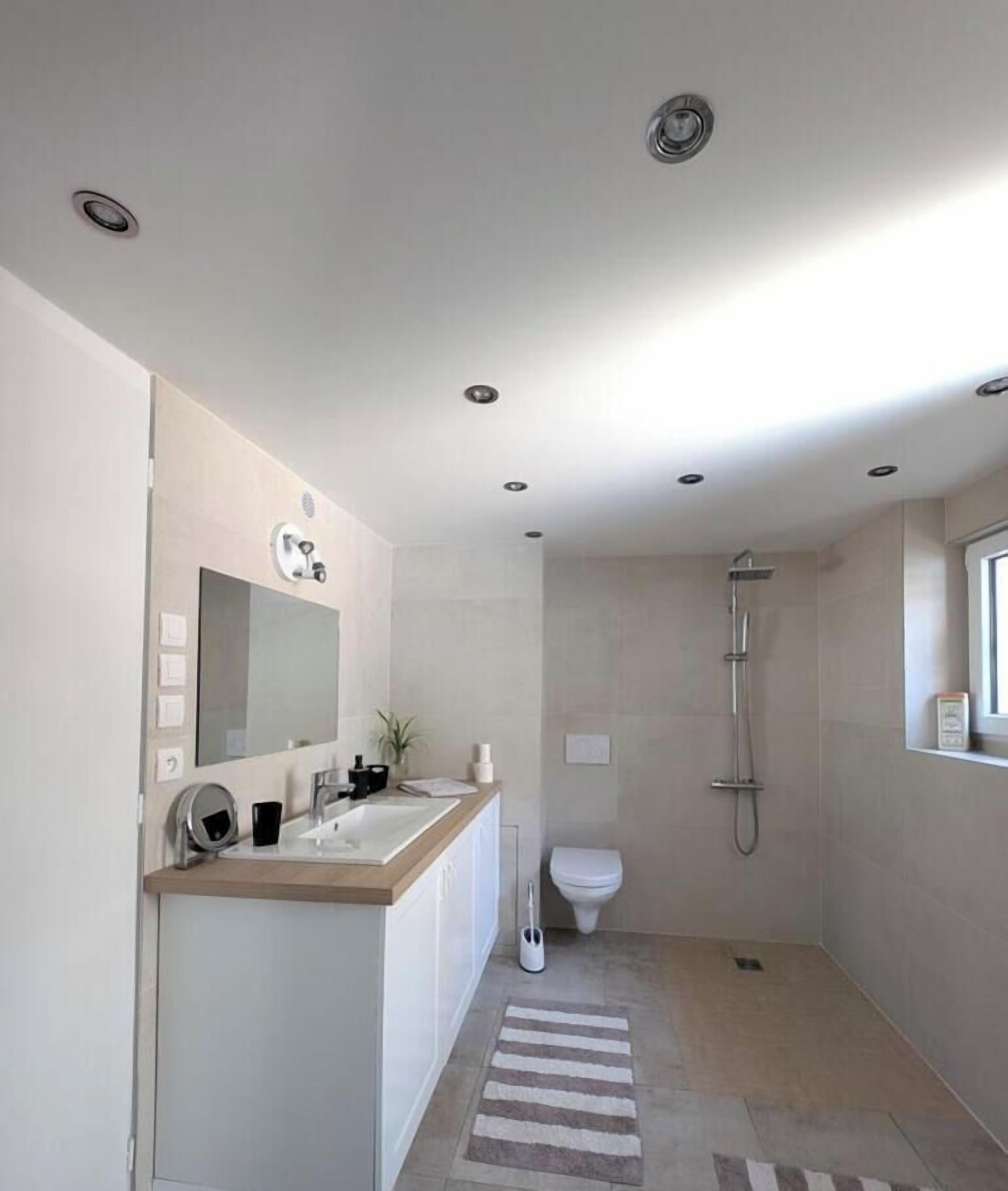 A modern bathroom with a shower, toilet, and sink area.