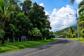 A road with a sign reading 'BIENVENIDOS A BONAL' and lush greenery on both sides.