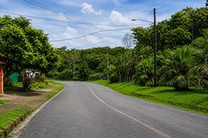A paved road curving through a green landscape with trees and a clear sky.