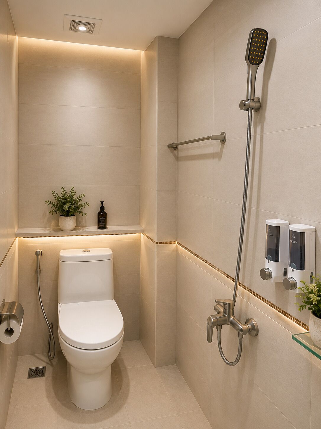 Un baño moderno con inodoro, ducha con cabezal de ducha manual y dos dispensadores de jabón en la pared.