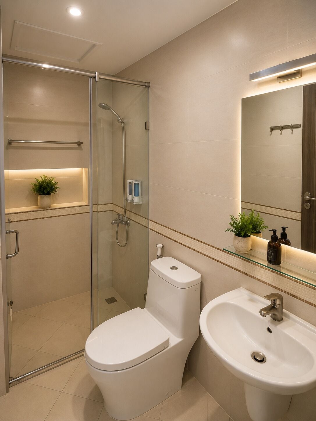 Un baño moderno con ducha envuelta en vidrio, inodoro blanco y lavamanos con espejo arriba.