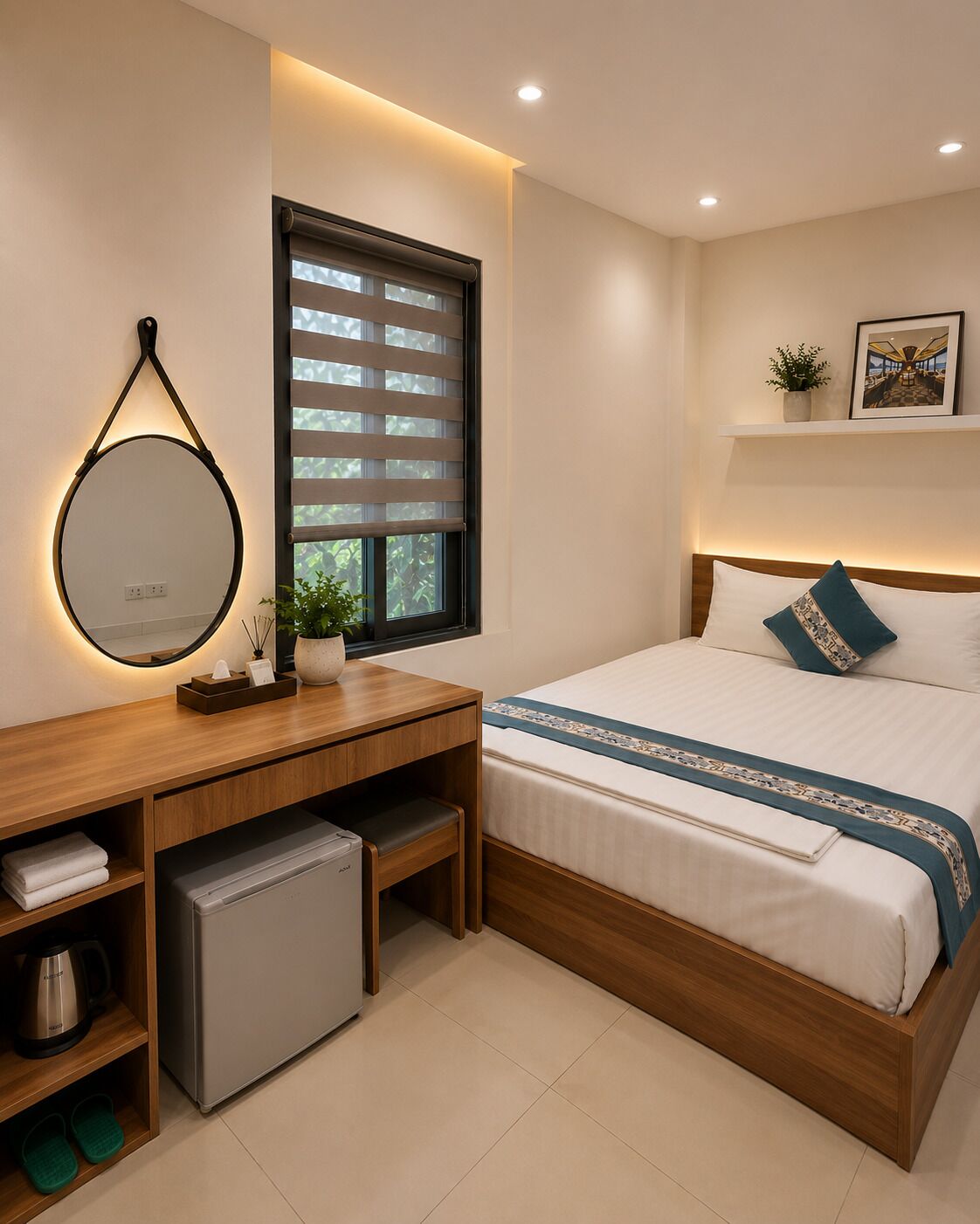 Un dormitorio moderno con cama, mesita de noche, espejo y ventana con persianas.