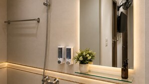 Un bany modern amb dutxa, un lavabo, un mirall i una petita planta en test.