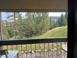 A balcony with a view of a grassy hillside and trees.