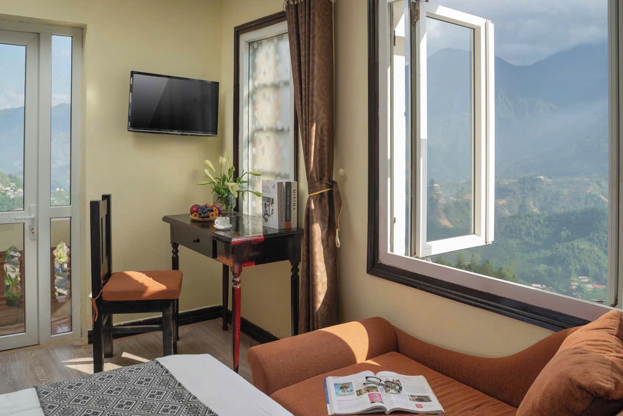 A room with a bed, a sofa, a table with a plant, a TV, and a window with a mountain view.