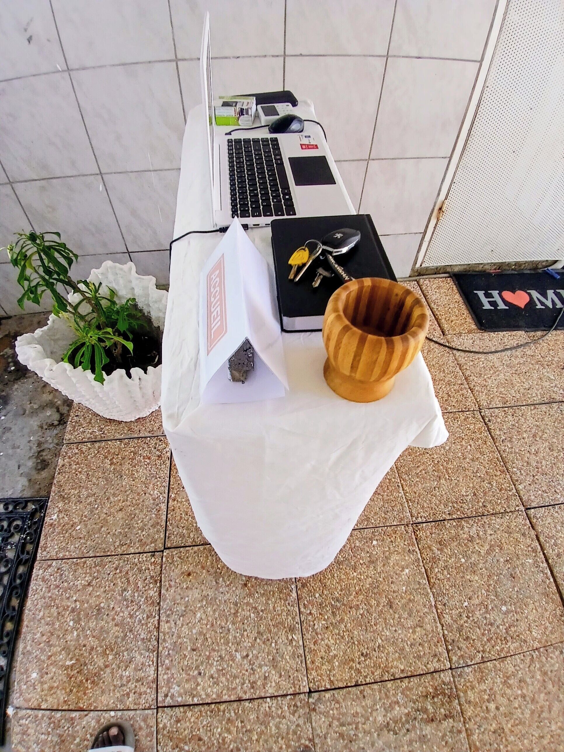 A table with a laptop, keys, a notebook, and a plant.