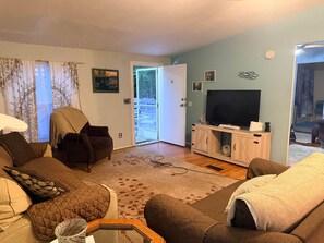 A living room with a sofa, armchair, and a television on a wooden cabinet. - 3 Rivers Crystal Cabin 3/2 Nature Lovers Only -Spring Access (Columbia County)