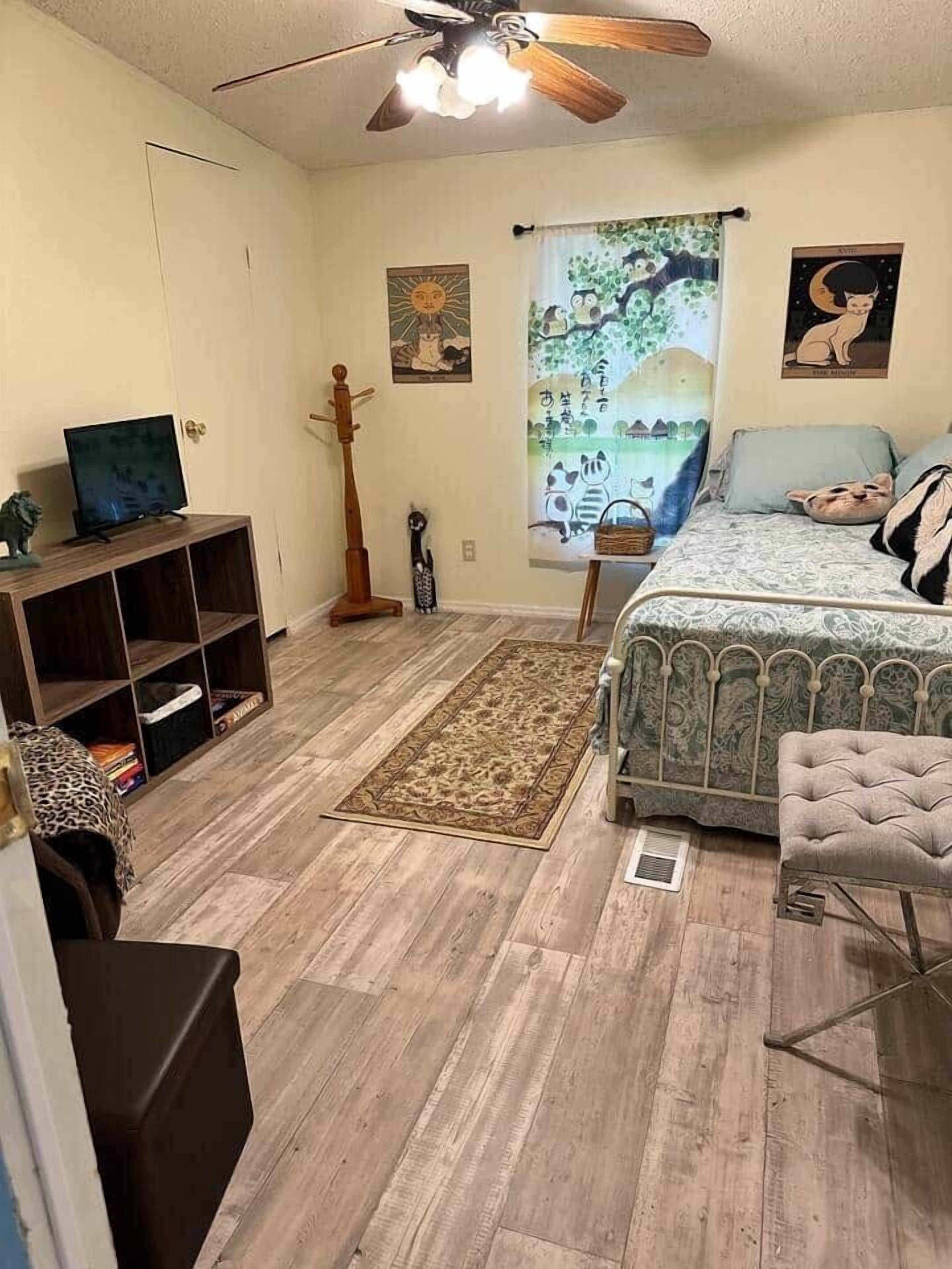 A bedroom with a bed, a TV, a wooden floor, a ceiling fan, and a window with a view of a landscape.