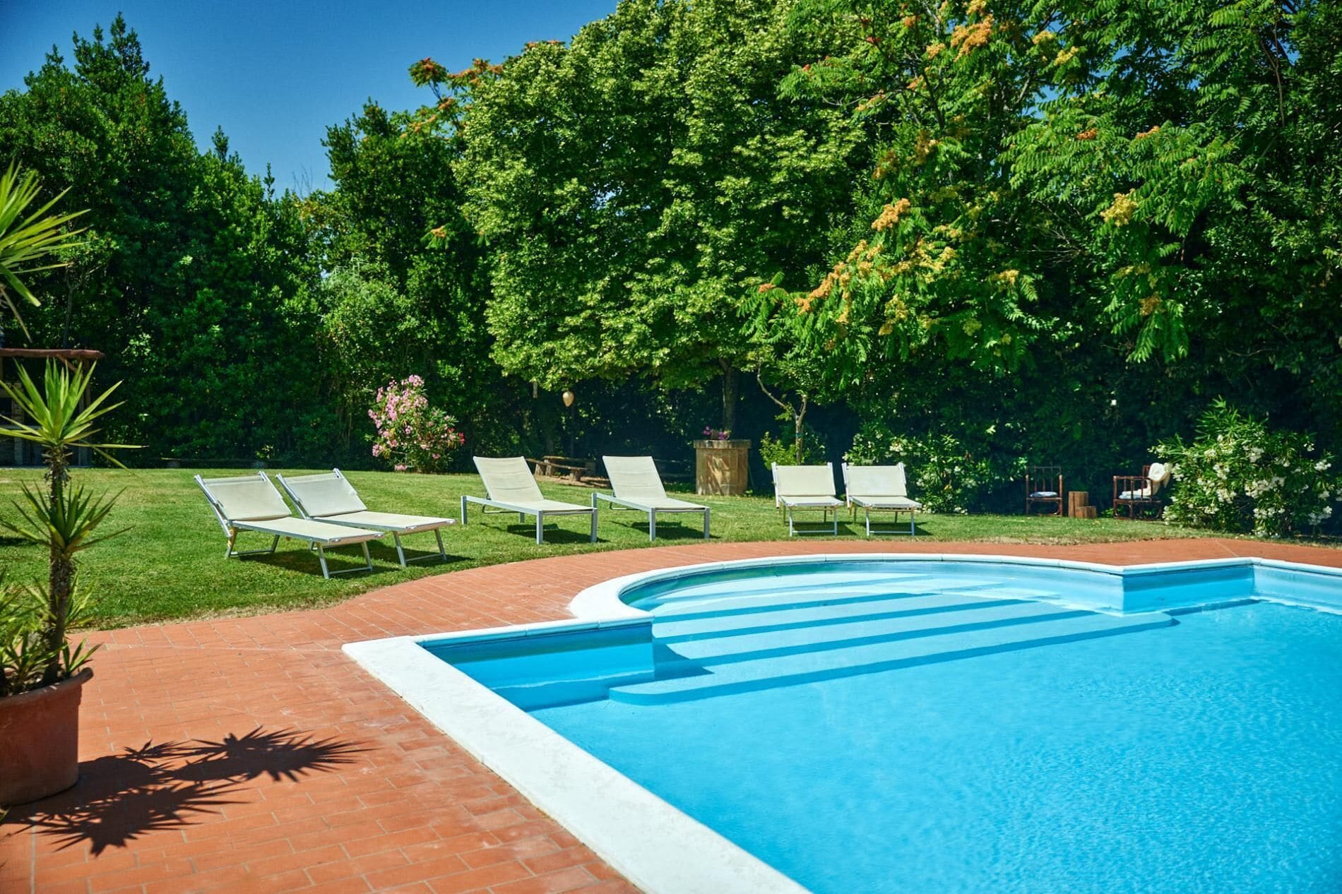 Ein Schwimmbecken mit Backsteinrand, umgeben von Gras und Bäumen.