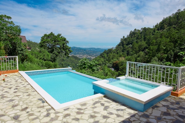 A rectangular swimming pool with a tiled edge, surrounded by a stone patio.