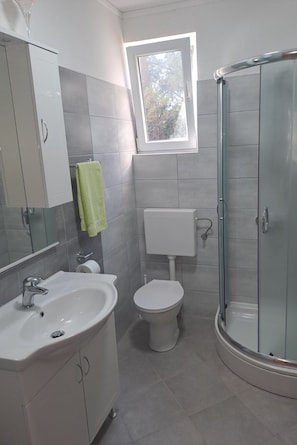 A bathroom with a sink, toilet, and glass shower enclosure. - Two bedroom apartment with terrace and sea view Pridraga - Cuskijaš, Novigrad (A-27969-a) (Pridraga)