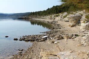 A rocky shoreline with clear water and a forested hillside in the background. - Two bedroom apartment with terrace and sea view Pridraga - Cuskijaš, Novigrad (A-27969-a) (Pridraga)