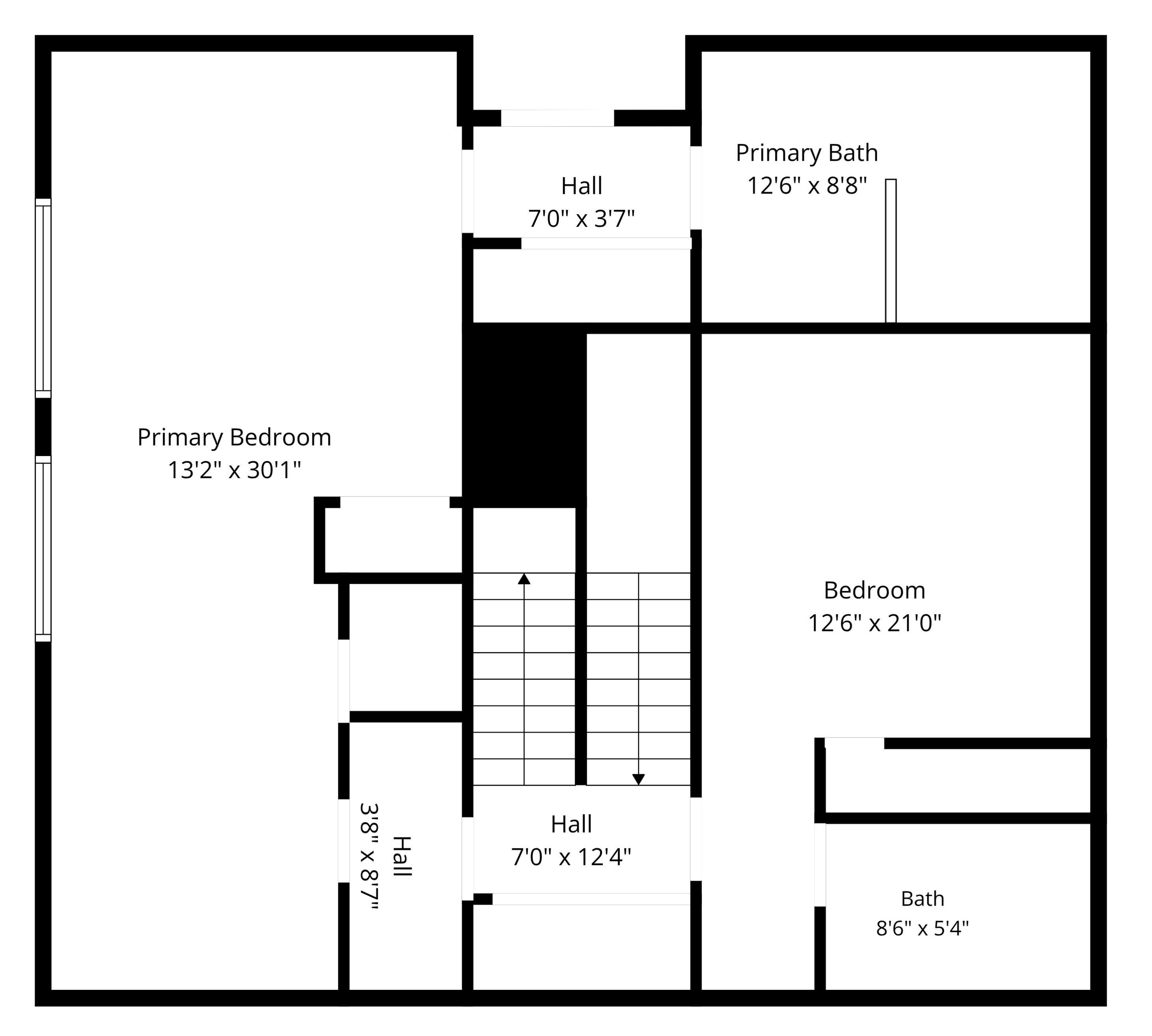 Plano de planta que muestra un dormitorio principal de 3,9 x 9 metros, un baño principal de 3,8 x 2,4 metros, un segundo dormitorio de 3,8 x 6,4 metros y un segundo baño de 2,6 x 1,6 metros.