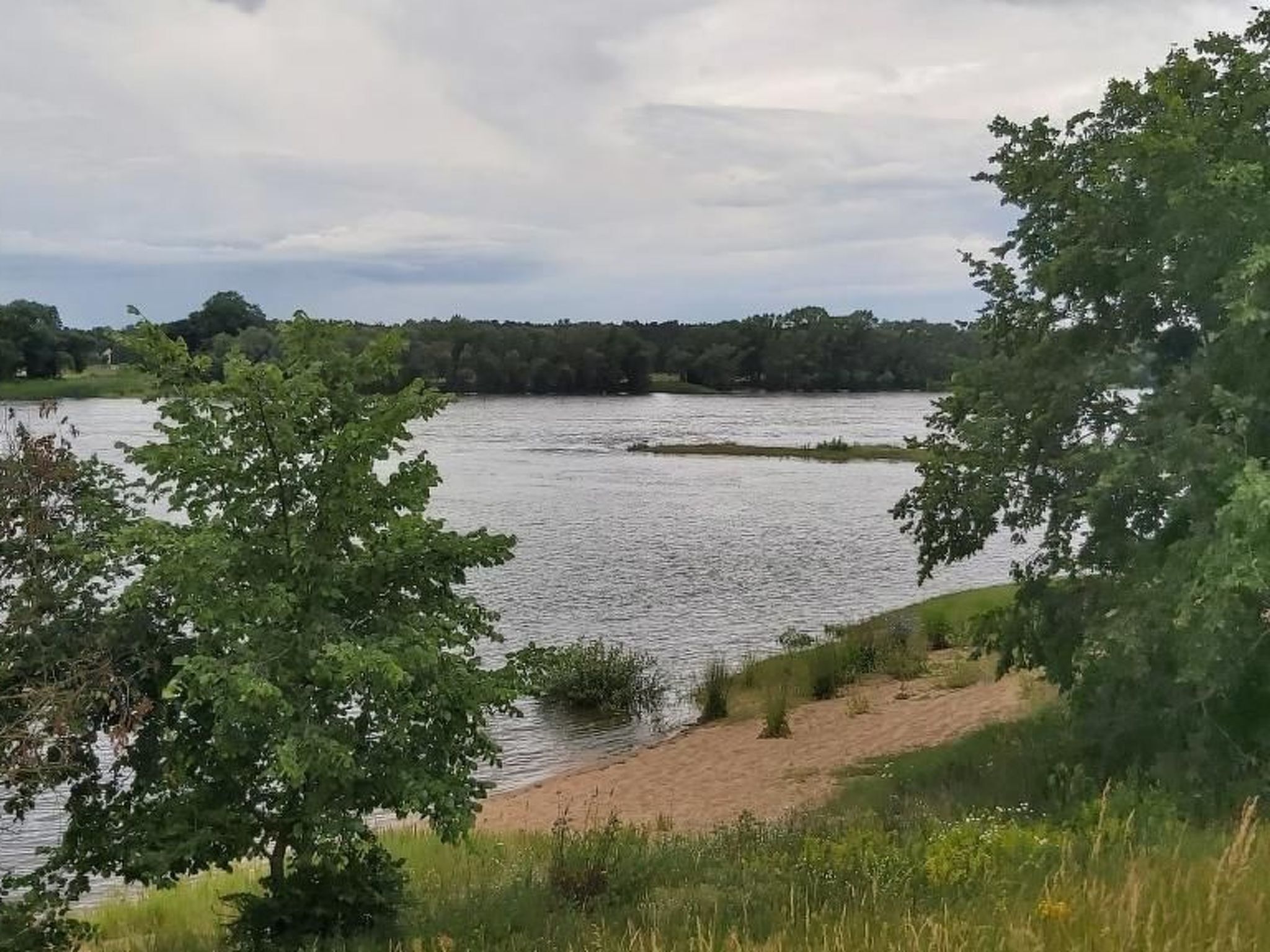 Une rivière aux rives sablonneuses, avec des arbres au premier plan.