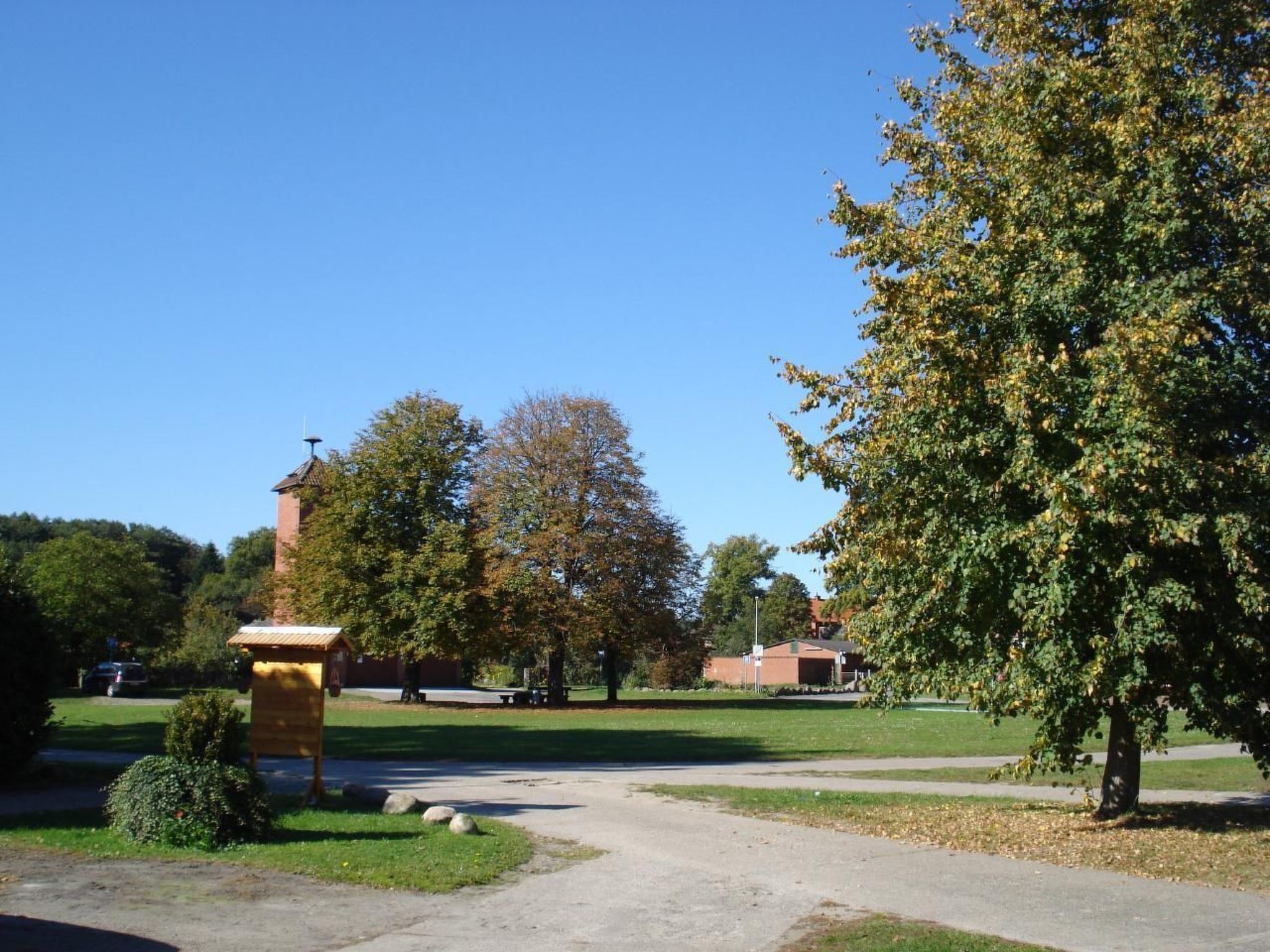 Ein Park mit blauem Himmel, einer Steinstruktur und einem großen Baum.
