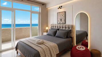 A bedroom with a large window, a bed, a bedside table, a lamp, a mirror, and a wall art piece.