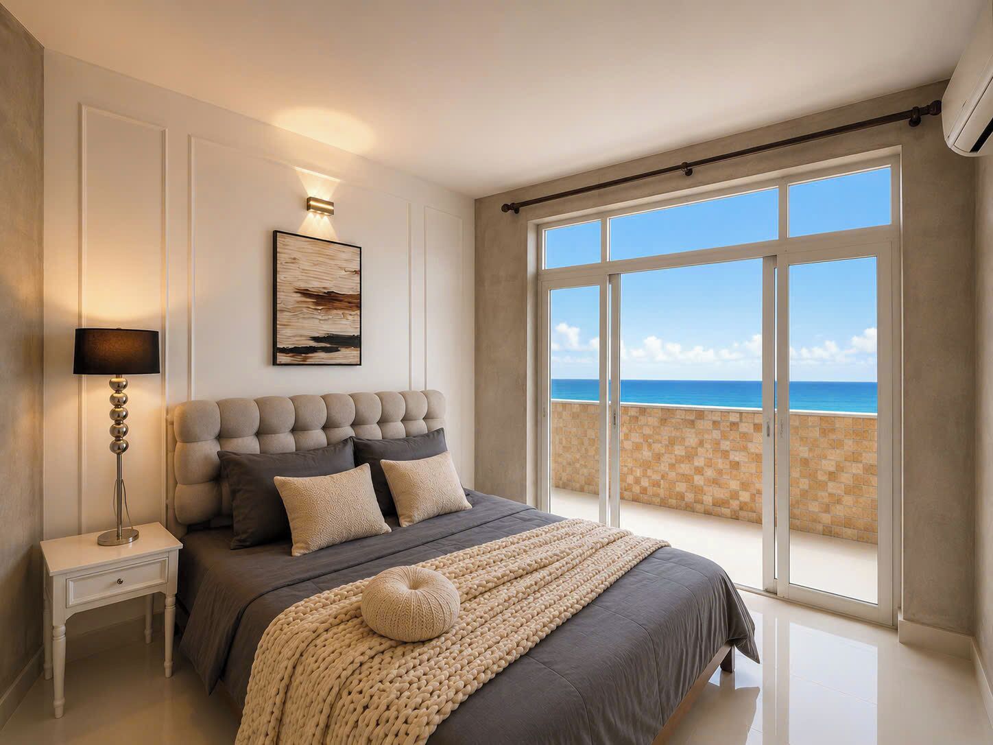 A bedroom with a large window, a bed, a nightstand, and a lamp.