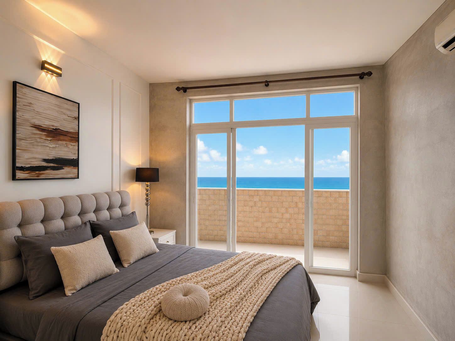 Un dormitorio con una cama grande, vista al mar y un balcón.