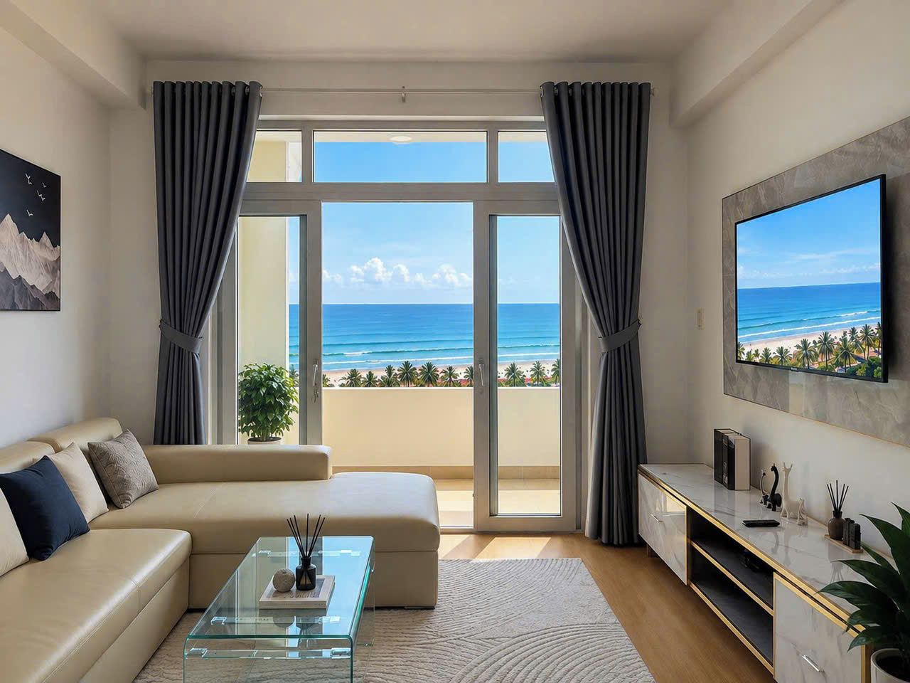 A modern living room with a large window overlooking a beach, a sofa, a coffee table, and a flat-screen TV.