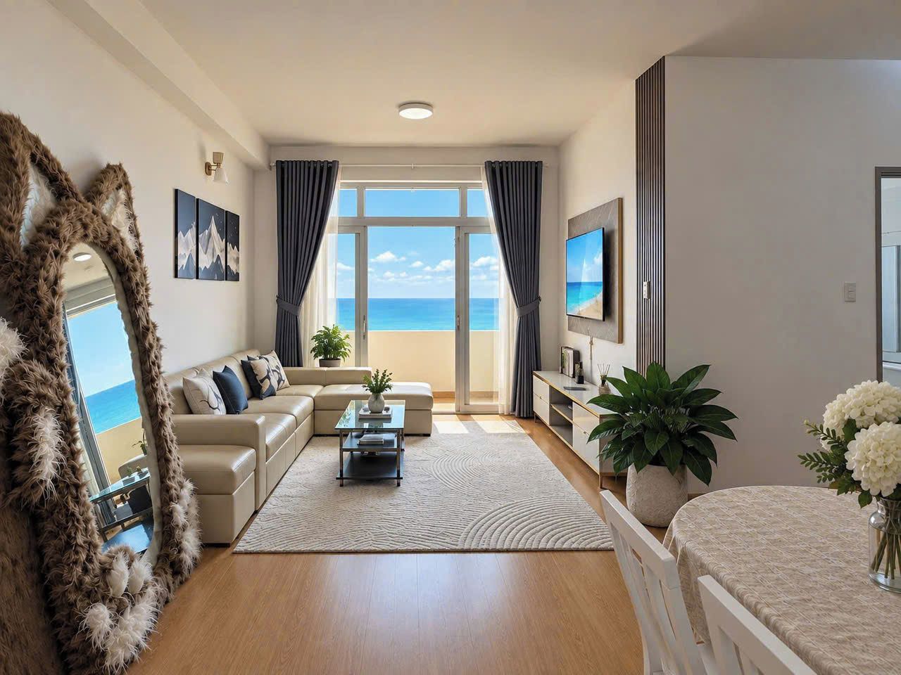 Un salon moderne avec un canap é, une table basse et une vue sur la mer grâce à de grandes fenêtres.