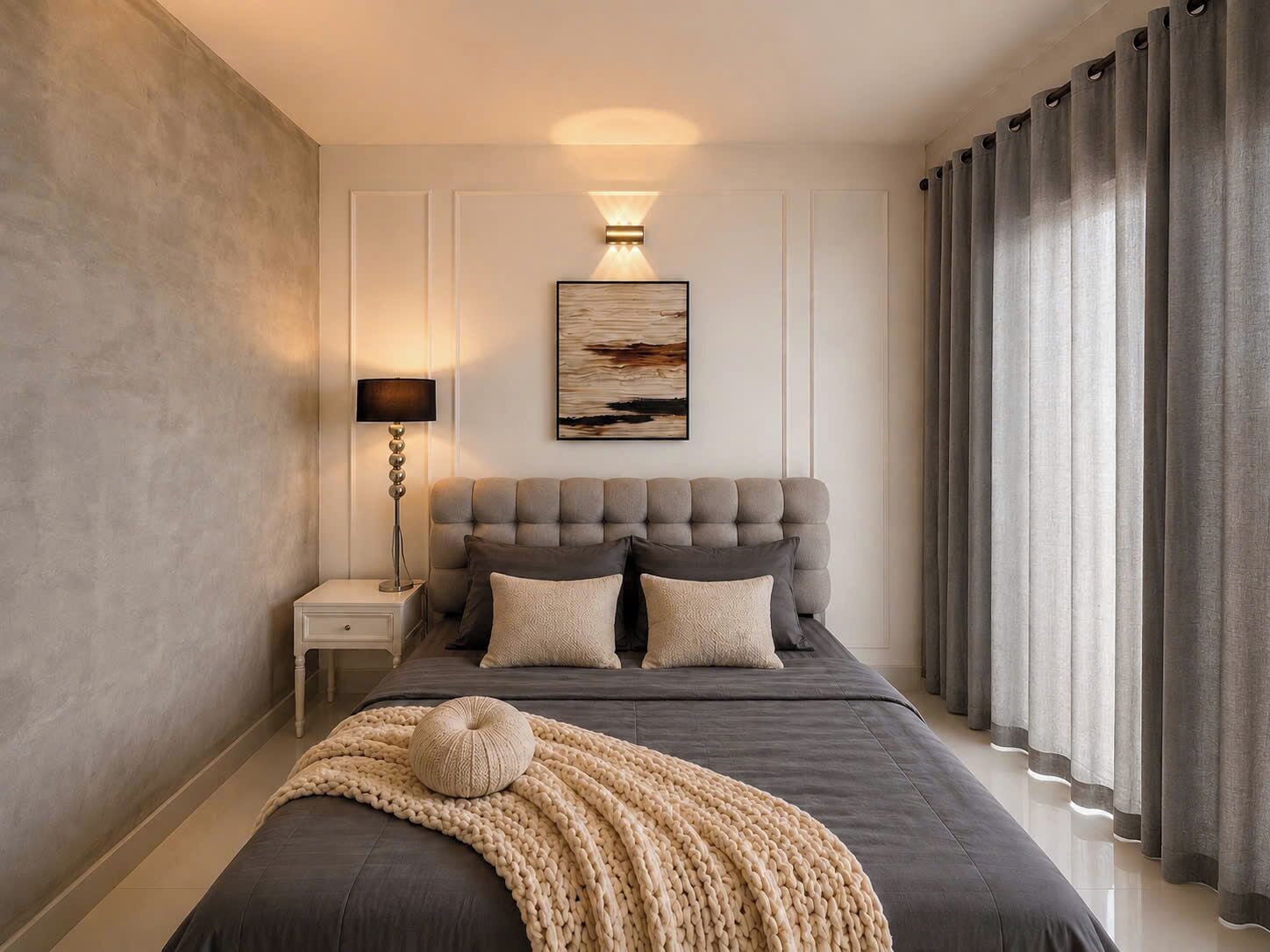 A bedroom with a tufted headboard, a bedside lamp, a large painting, and a window with curtains.