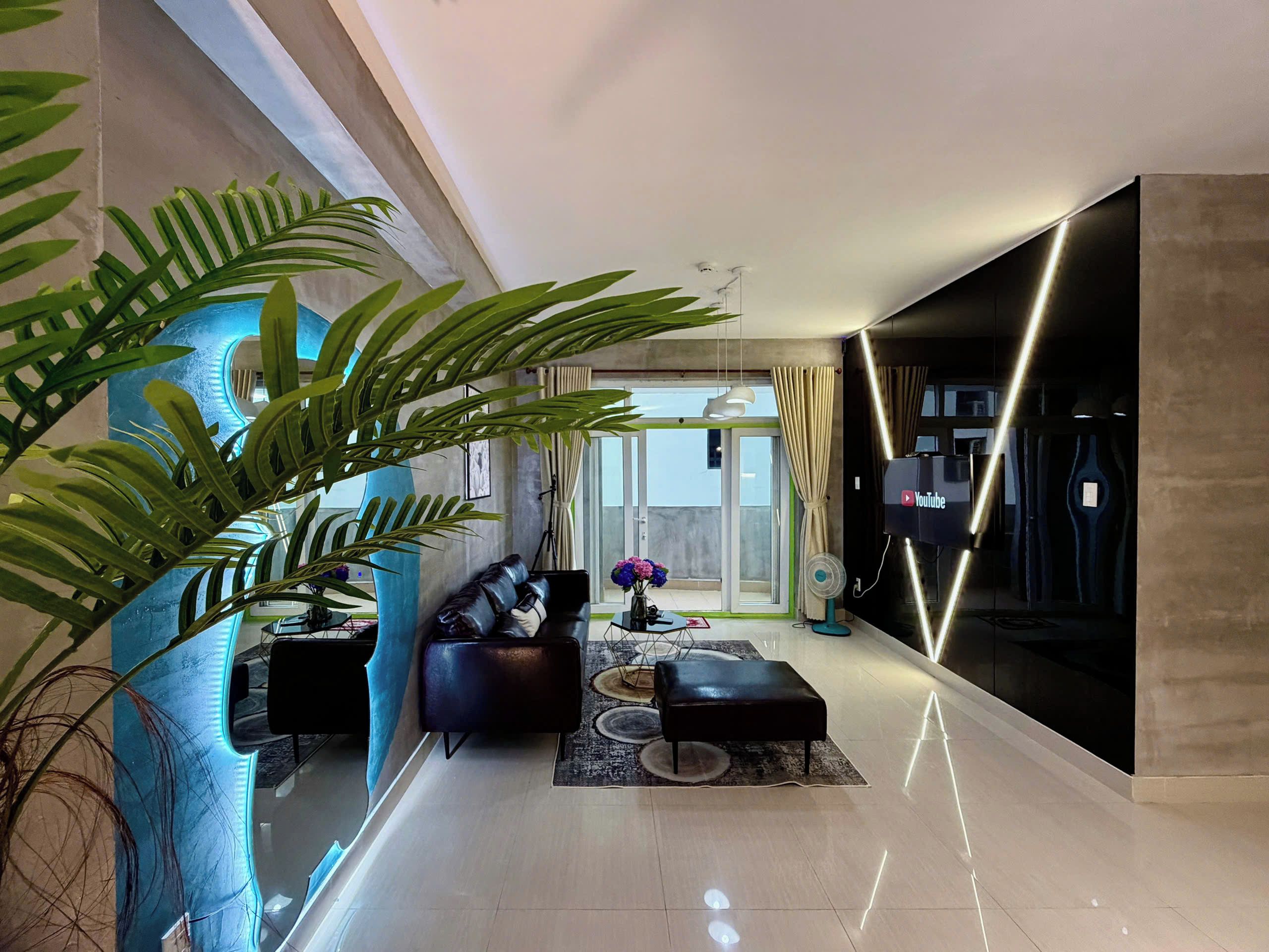A modern living room with a sofa, a coffee table, and a large potted plant.