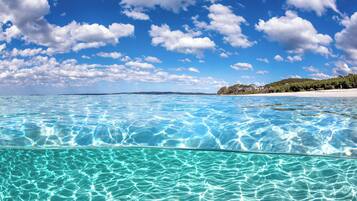 A clear blue sea with a sandy beach and a forested hill in the background.