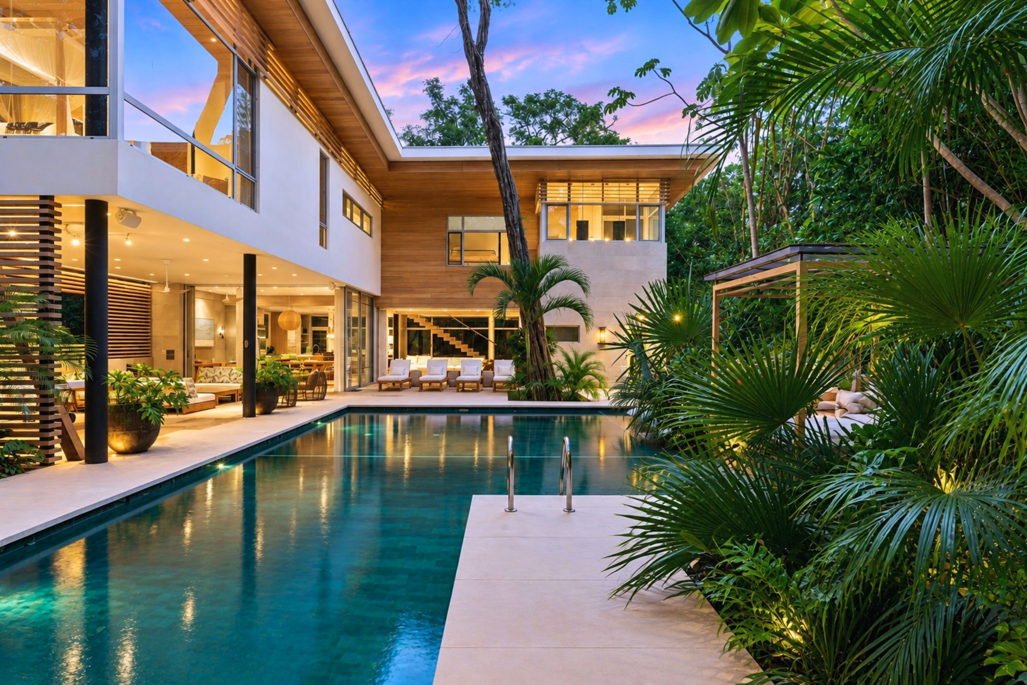 A modern house with a swimming pool, outdoor seating, and lush greenery.