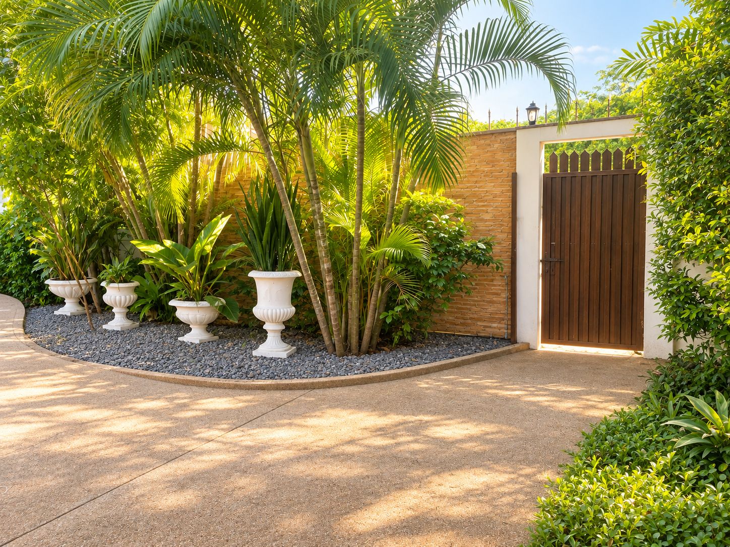 A landscaped garden with a brick wall, a wooden gate, and potted plants.