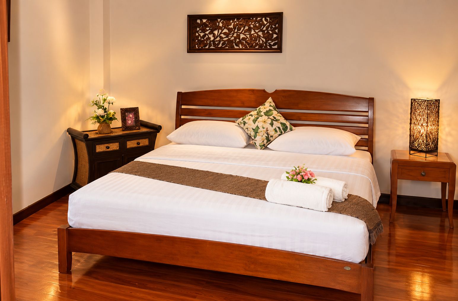 A neatly made bed with white linens, a wooden headboard, and a decorative pillow. There are two bedside tables with lamps, one of which has a woven cover.