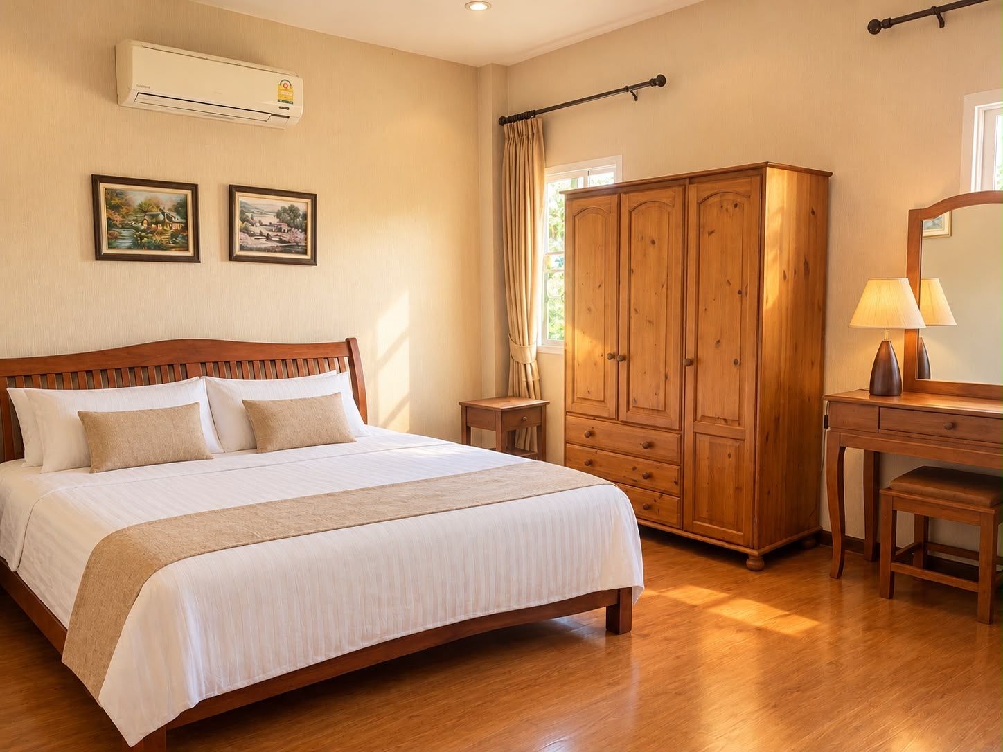 Een hotelkamer met een bed, een houten garderobe en een bureau met een lamp.