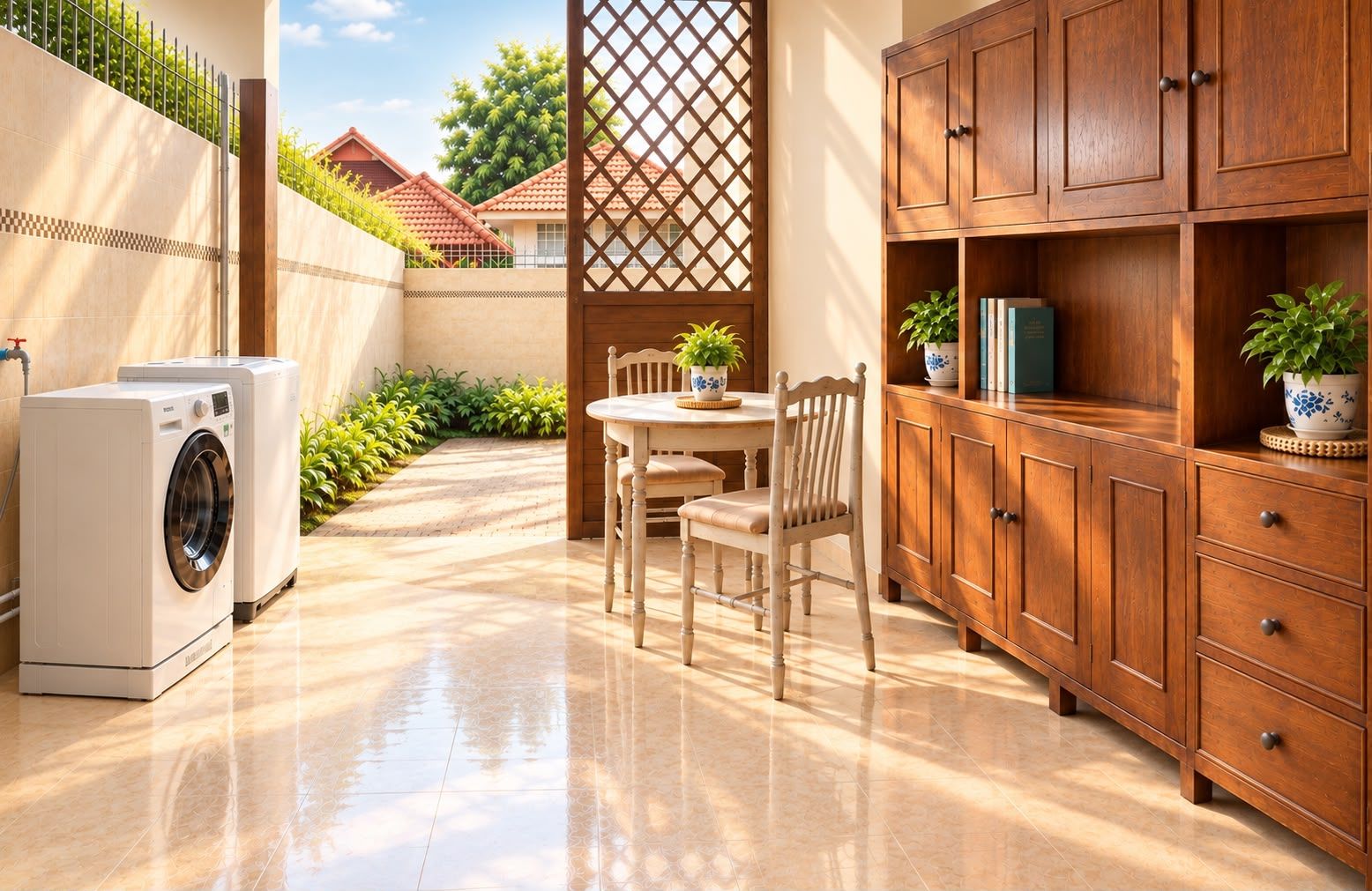 A laundry area with a washing machine, a wooden cabinet with drawers, a table with chairs, and a potted plant.