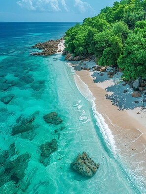 A beach with clear turquoise water, a sandy shore, and dense green foliage. - Room-villa With Pool Near Laguna Gri-grí (Rio San Juan)