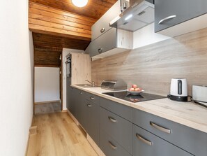 A modern kitchen with a wooden ceiling, grey cabinets, and a black induction cooktop. - Two penthouse apartments in the center. (Hopfgarten im Brixental)