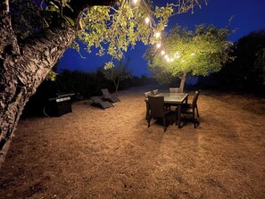 An outdoor dining area with a table and chairs, surrounded by trees and a barbecue grill. - Vrbo Property (La Plaine-sur-Mer)