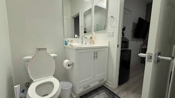 Een badkamer met toilet, wastafel, spiegel en kastjes.
