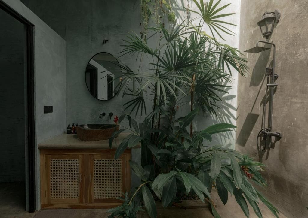 A bathroom with a wooden vanity, a round mirror, a potted plant, and a wall-mounted shower.