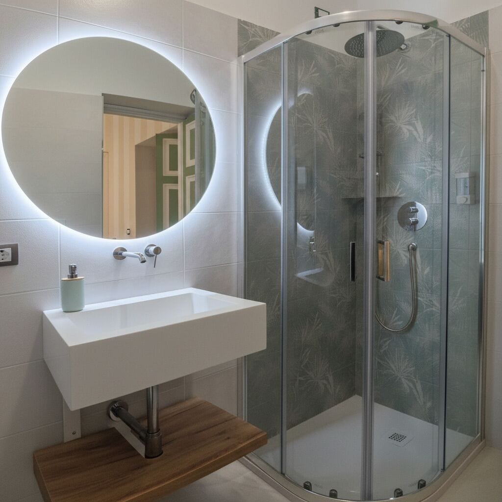 Ein Badezimmer mit einer gläsernen Duschkabine, einem weißen Waschbecken und einem runden Spiegel.
