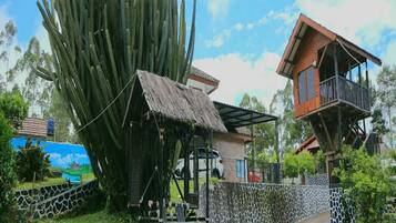 A rustic building with a thatched-roof structure, a stone wall, and a cactus in the foreground.